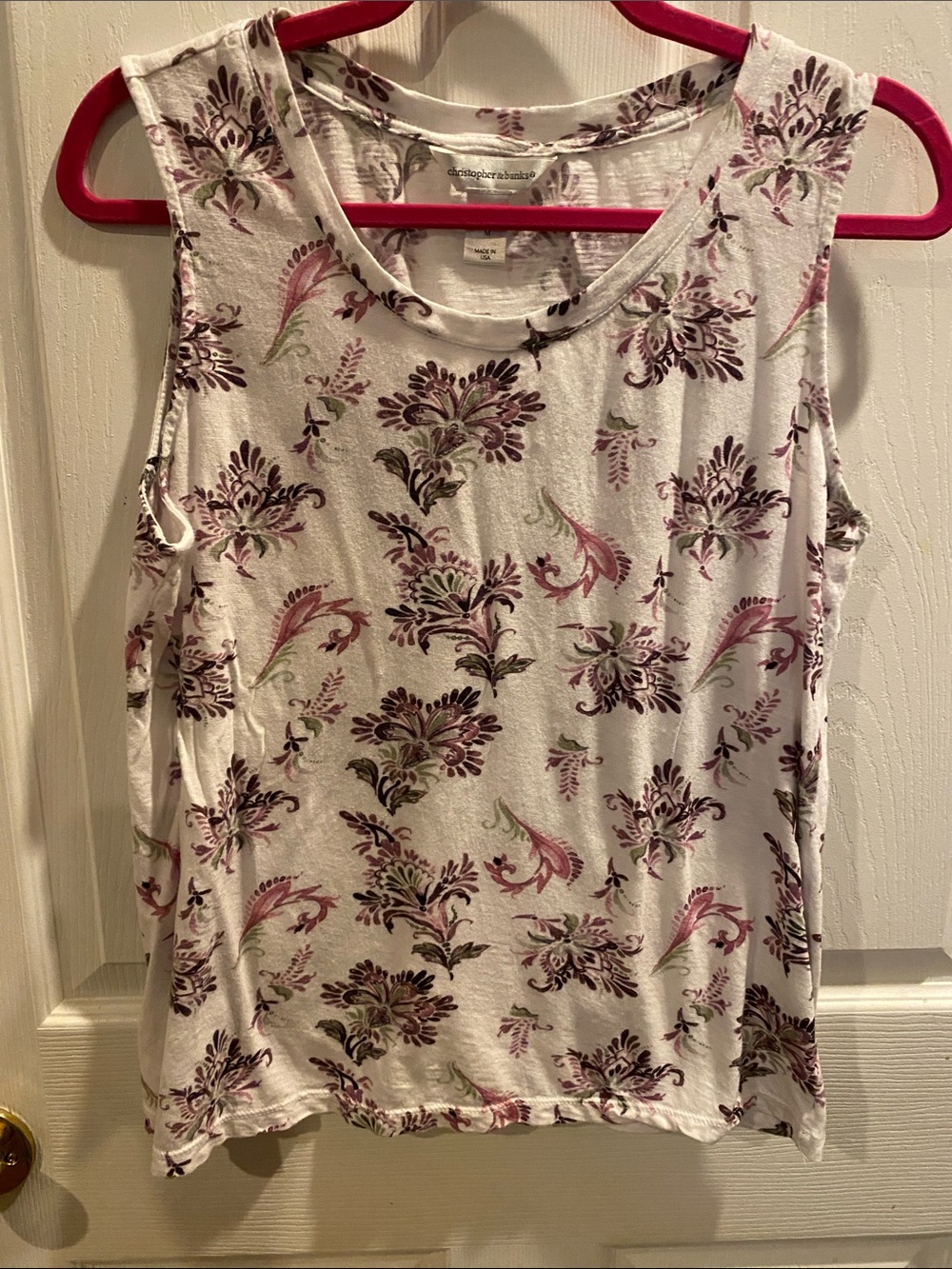 Christopher & Banks White Tank Top with Purple Floral Print